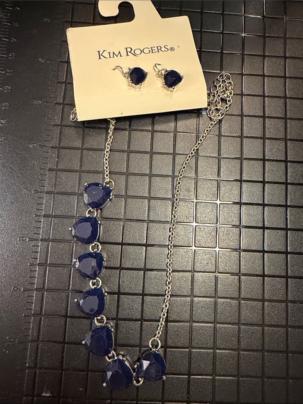Kim Rogers Silver-Tone Necklace and Studs with Deep Blue Heart Stones